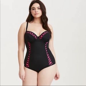 Torrid Black Lattice & Pink Peekaboo Push Up Demi Swimsuit